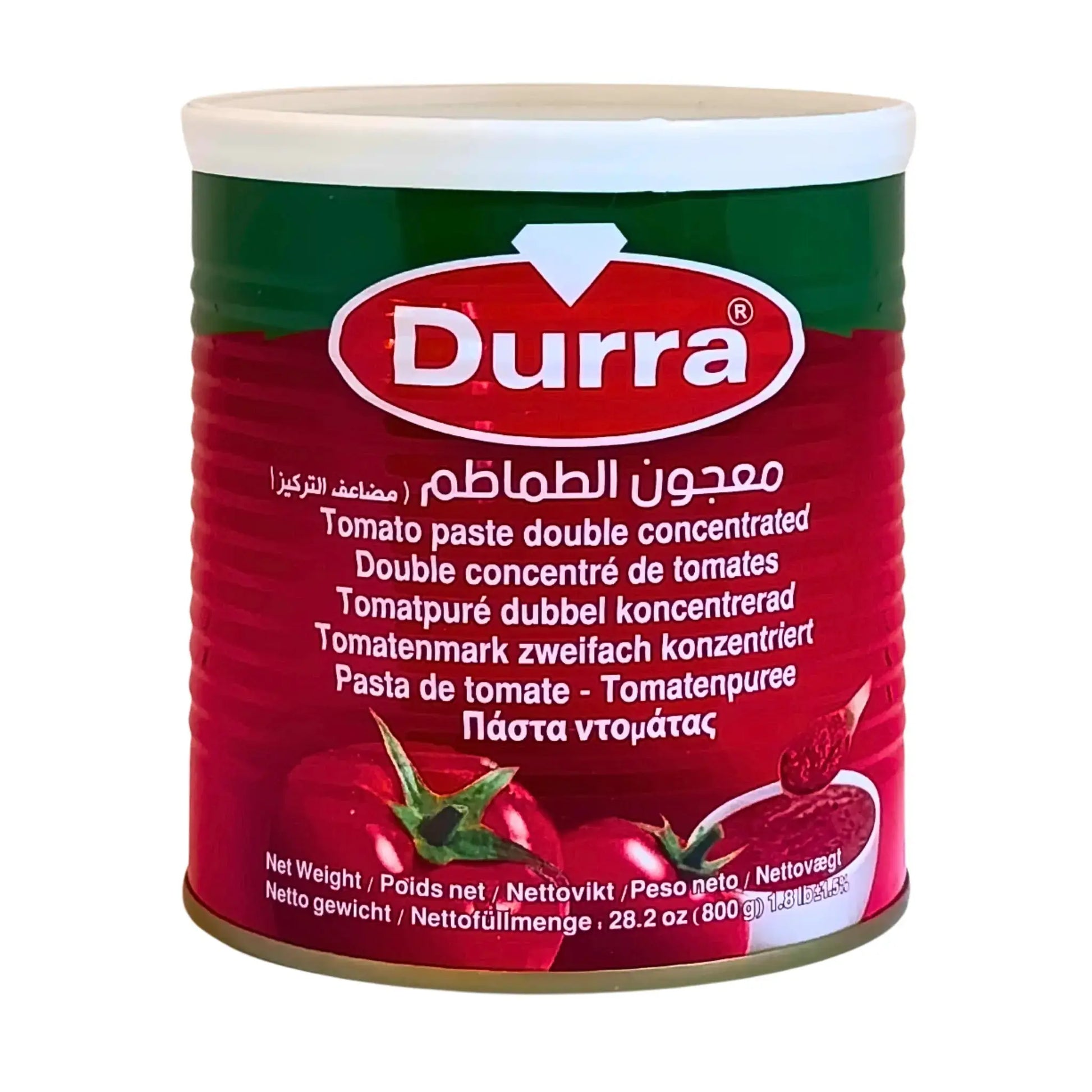 Durra tomaattipastaa kaksoiskonsentroitu 800g purkki punaisilla tomaateilla pakkauksessa