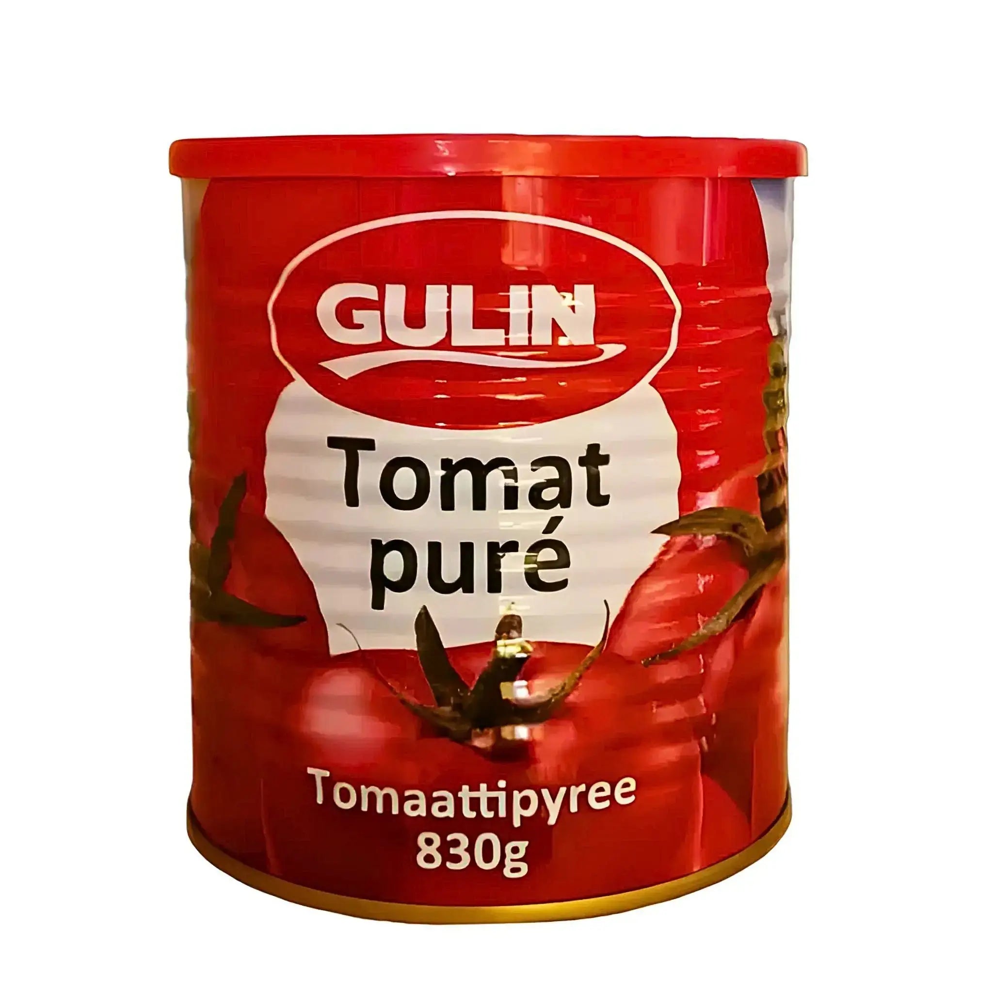 Keltainen tomaattimurska 830 g purkissa, itämainen tomaattimurska valkoisella taustalla.