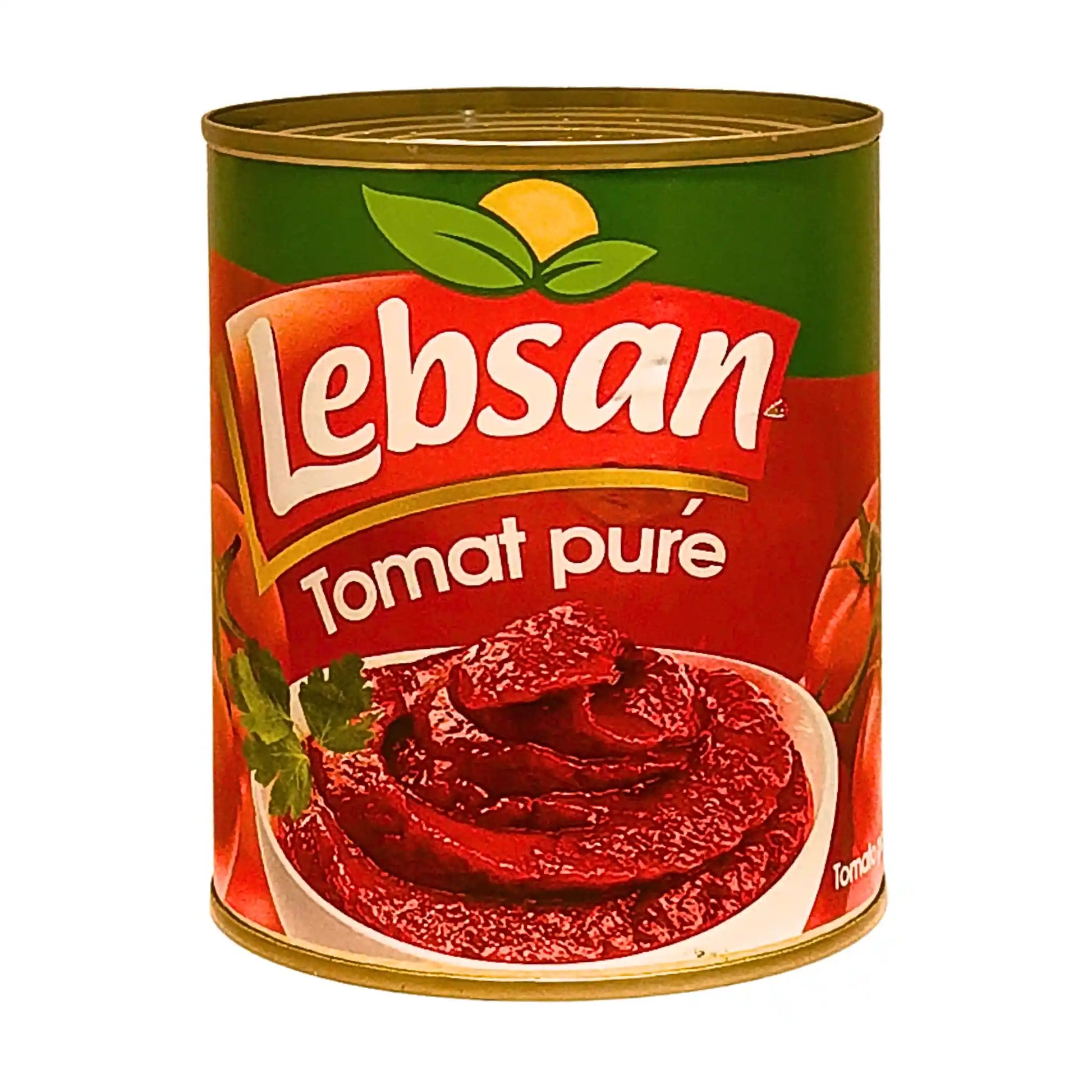 Purkki Lebsan tomaattimurskaa, täyteläinen tomattimaku, hyvin näkyvä etiketti ja punaiset tomaatit.