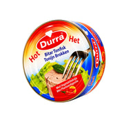 Tonfisk i olja med chili i rund burk från Durra, röd och blå etikett med logga.