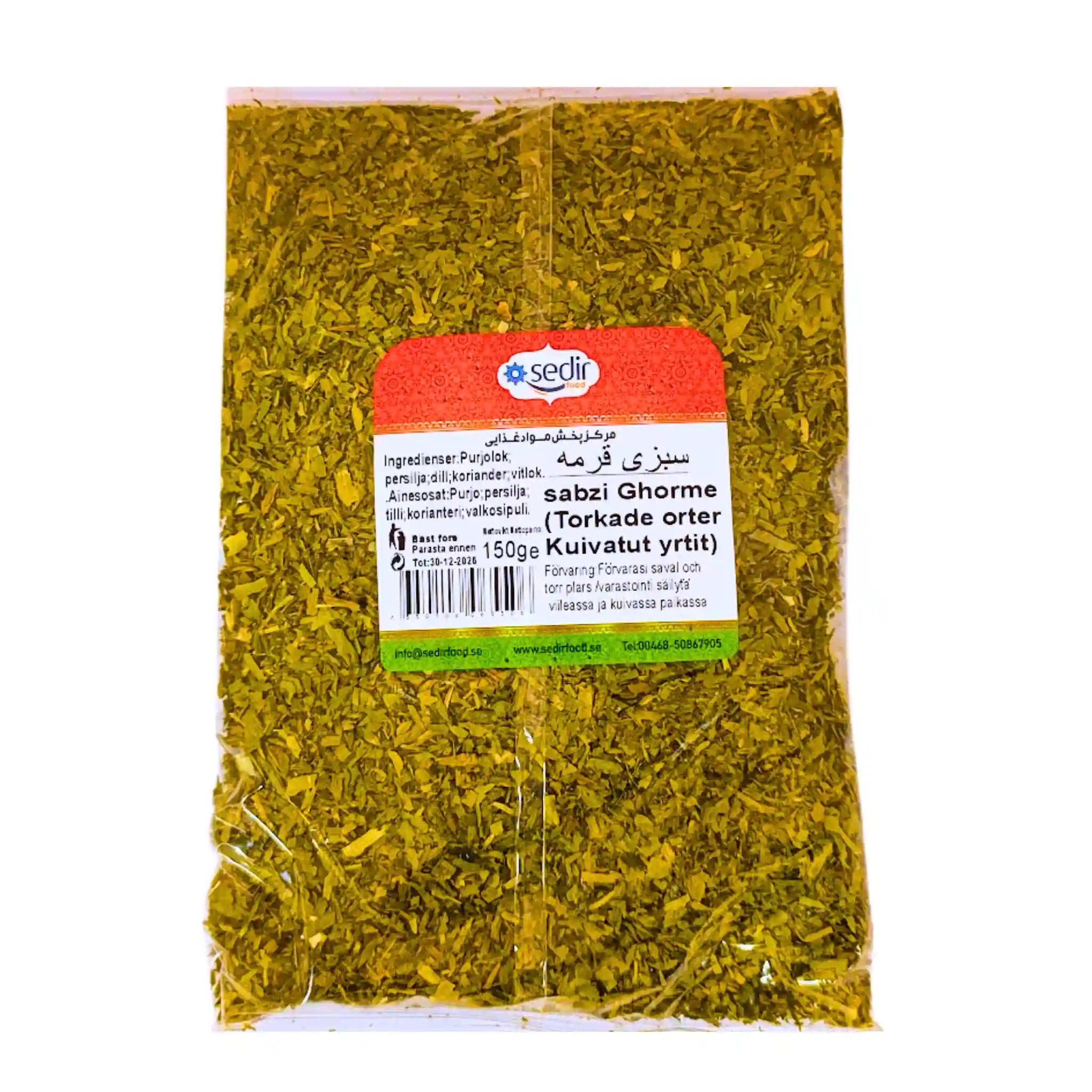 Pussi kuivattuja yrttejä ghorme sabzi -ruokaan, 150 g, näkyvät ainesosat etiketissä.