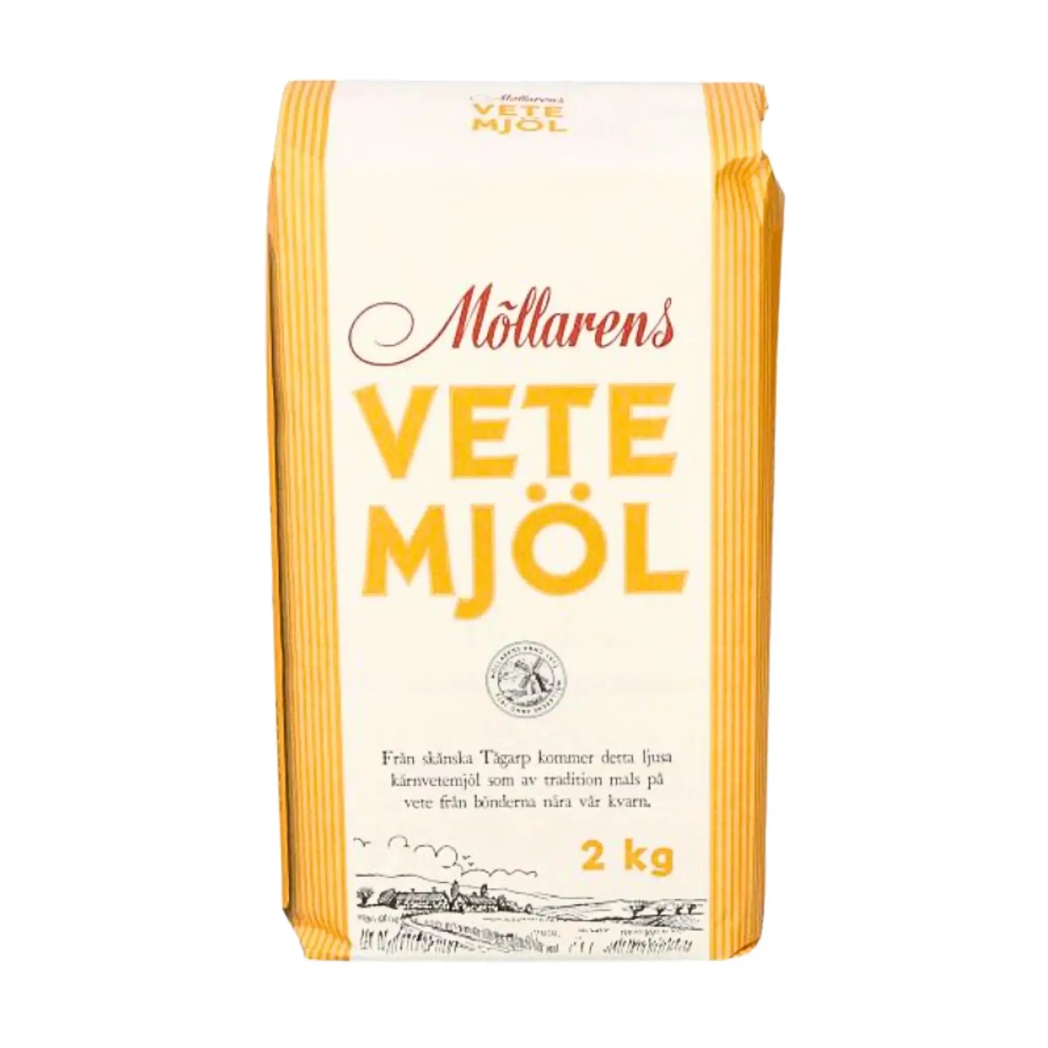 Möllarens vehnäjauho 2 kg paketti, ruotsalainen vehnäjauho, leivonta, keltainen ja valkoinen paperi