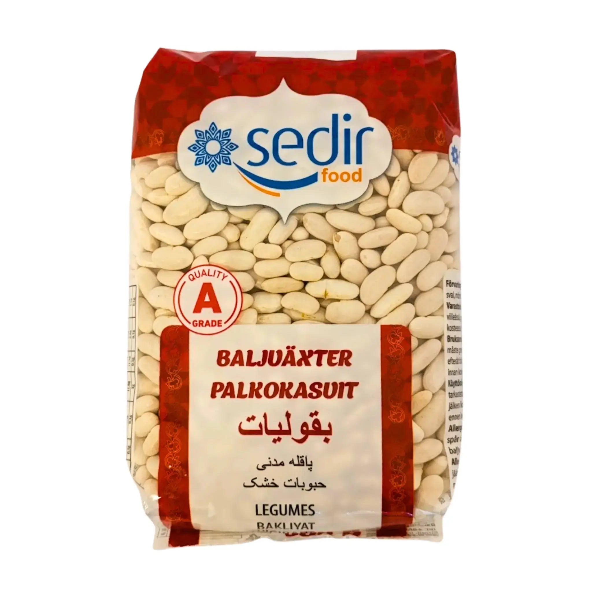 Förpackning med vita bönor baljväxter Sedir, orientaliska kolonialvaror, produktfoto