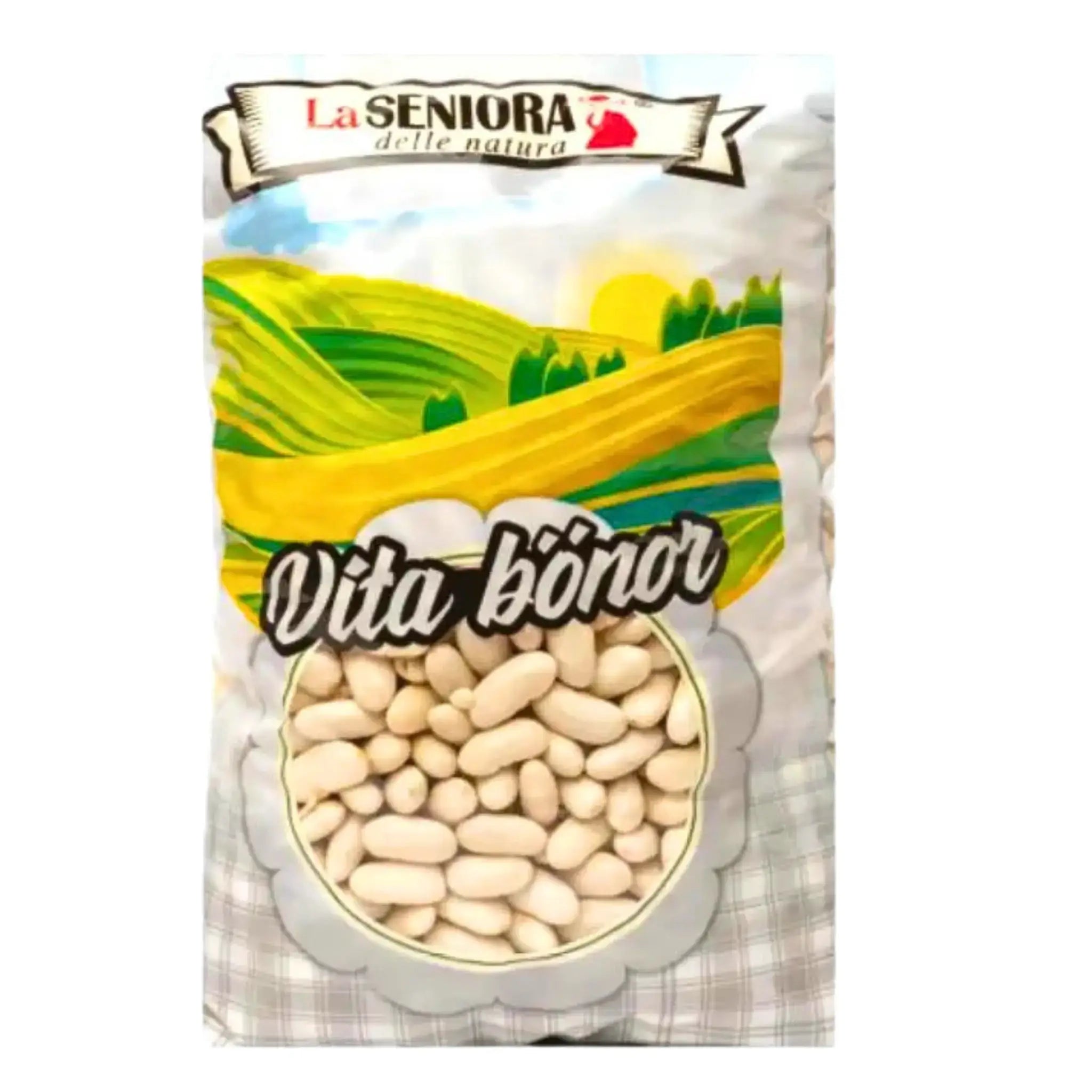 Påse med vita bönor, La Seniora, orientaliska kolonialvaror, illustrerad åker i bakgrunden