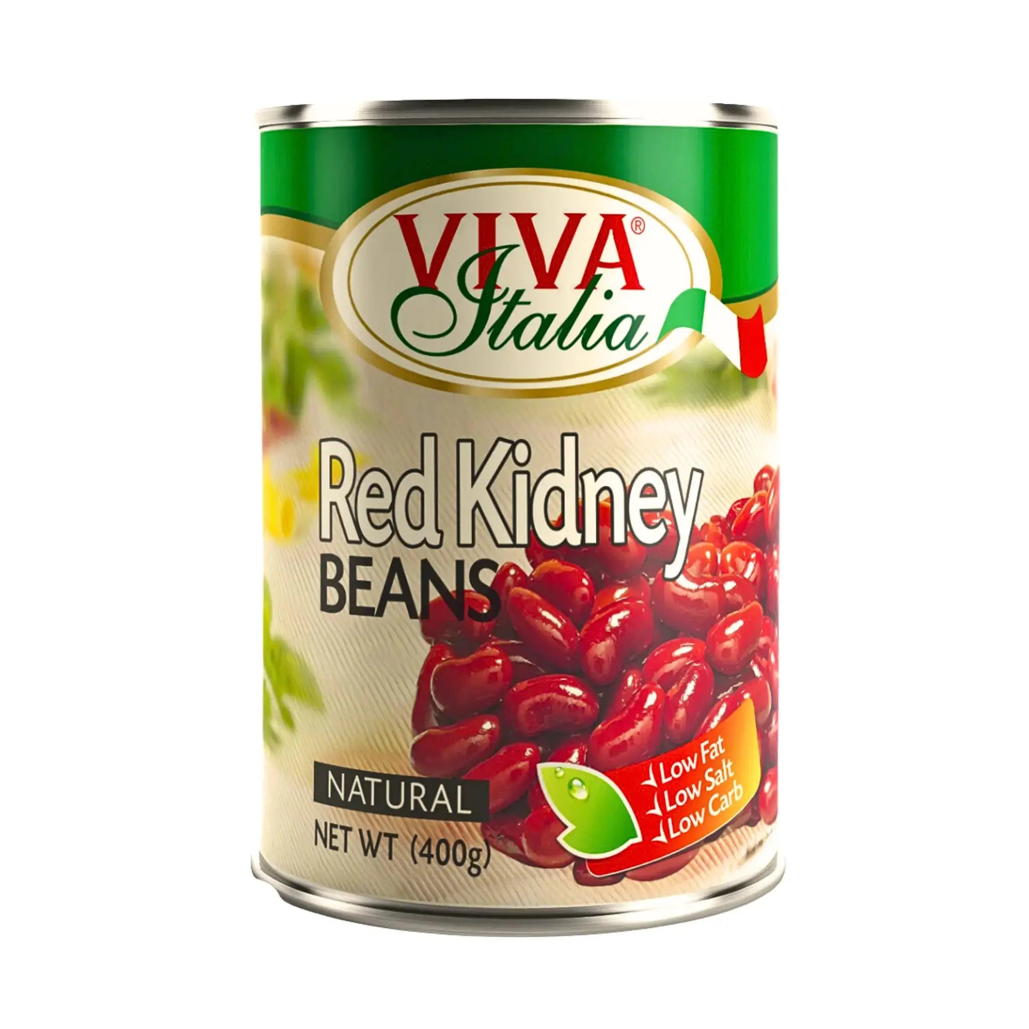 Purkki punaisia papuja, Viva Italia, 400 g, punainen ja vihreä etiketti valkoisella taustalla.