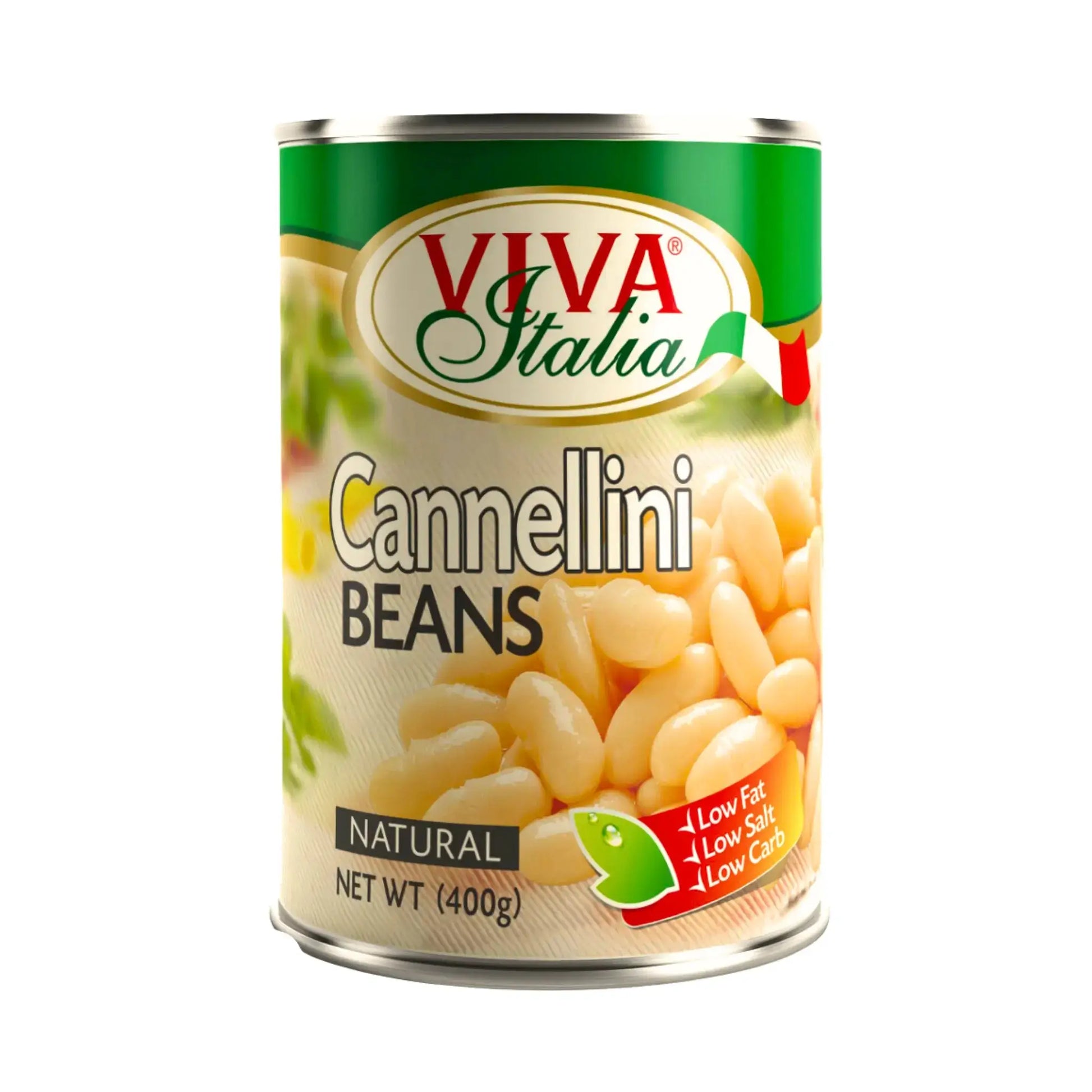 Purkki valkoisia cannellini-papuja, vihreä etiketti, 400 g, italialaista alkuperää.