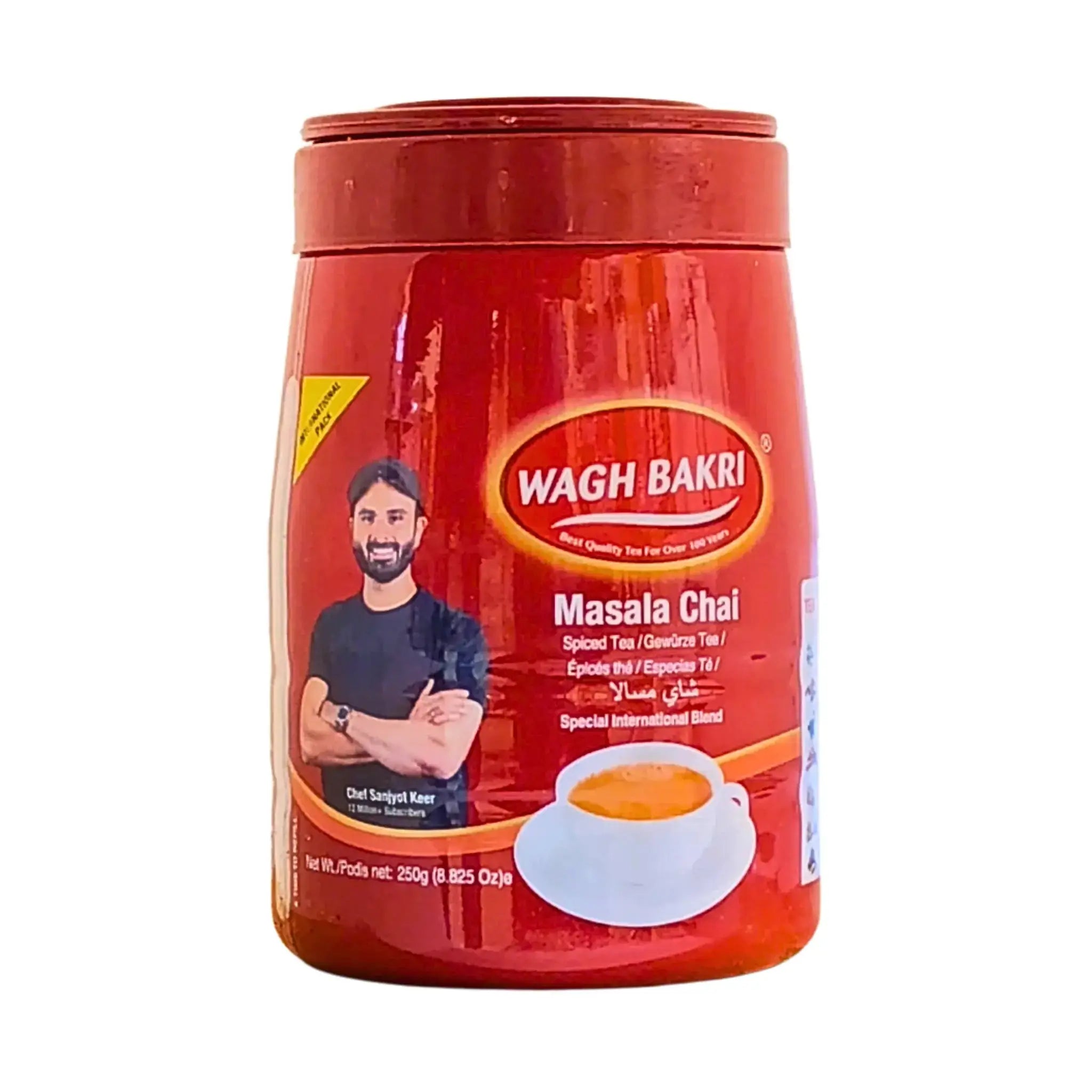 Wagh Bakri Masala Chai -teepurkki 250 g, intialainen mausteinen tee kuppi-illustraatiolla