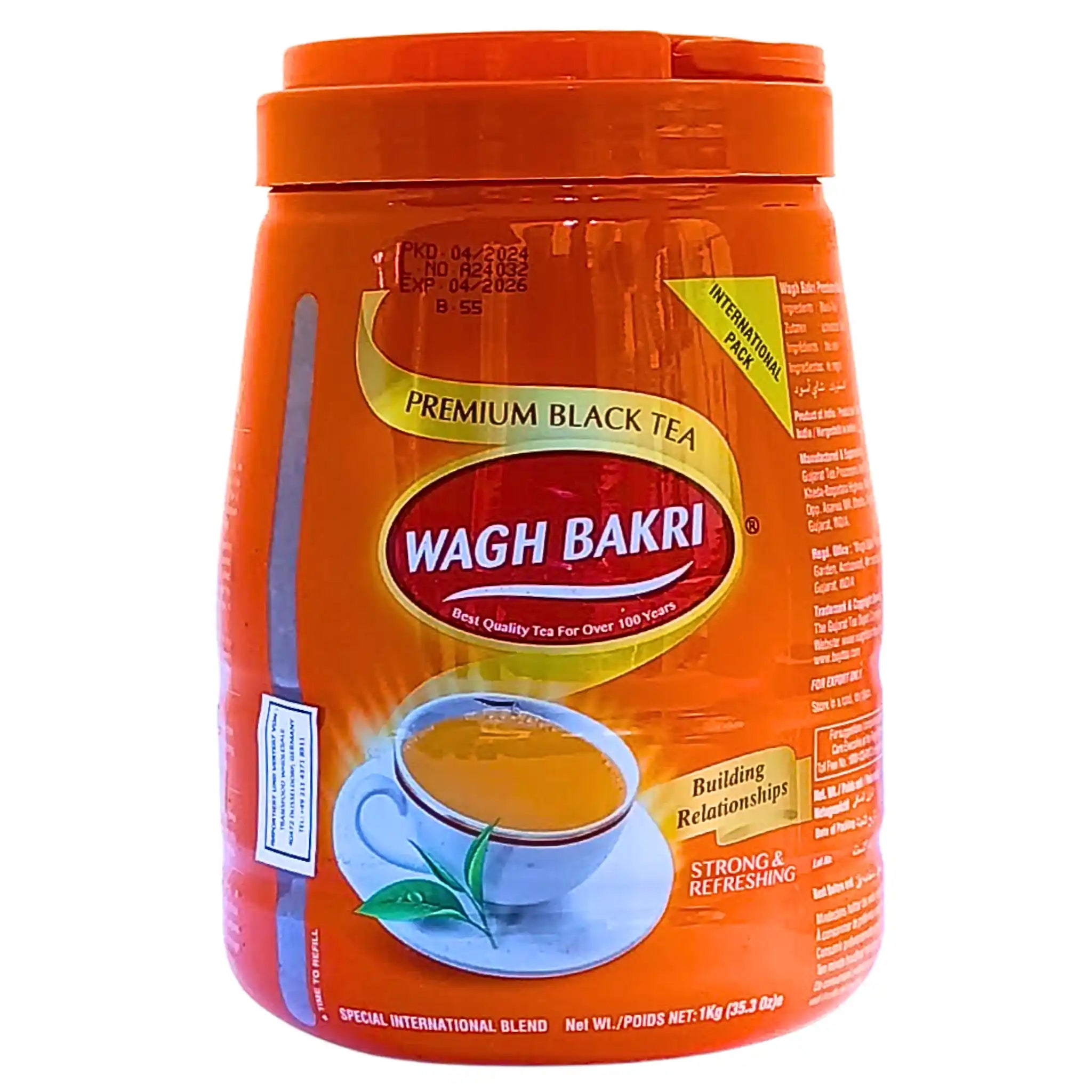Wagh Bakri premium musta tee 1 kg purkki, oranssi pakkaus teekuppi-kuvaus etiketissä