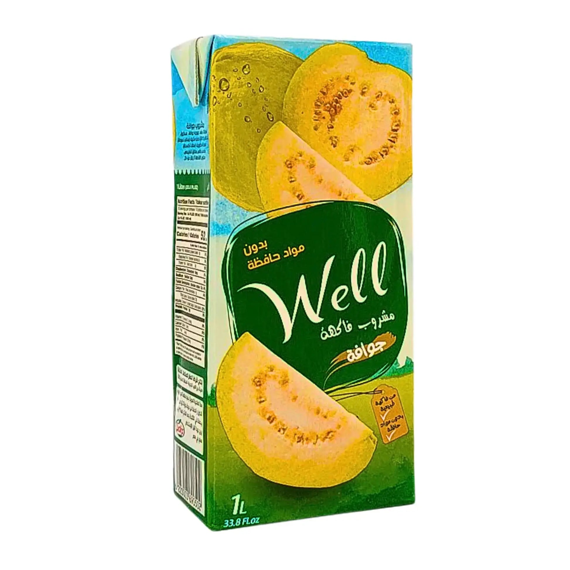 Guava-juoma 1 L pakkauksessa viipaloitujen guavamaisilla kuvilla, trooppinen mehu ilman säilöntäaineita