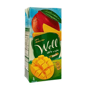 Well-mangomehu 1 litran pakkauksessa tuoreen mangon kuvauksella ja arabiankielisillä teksteillä