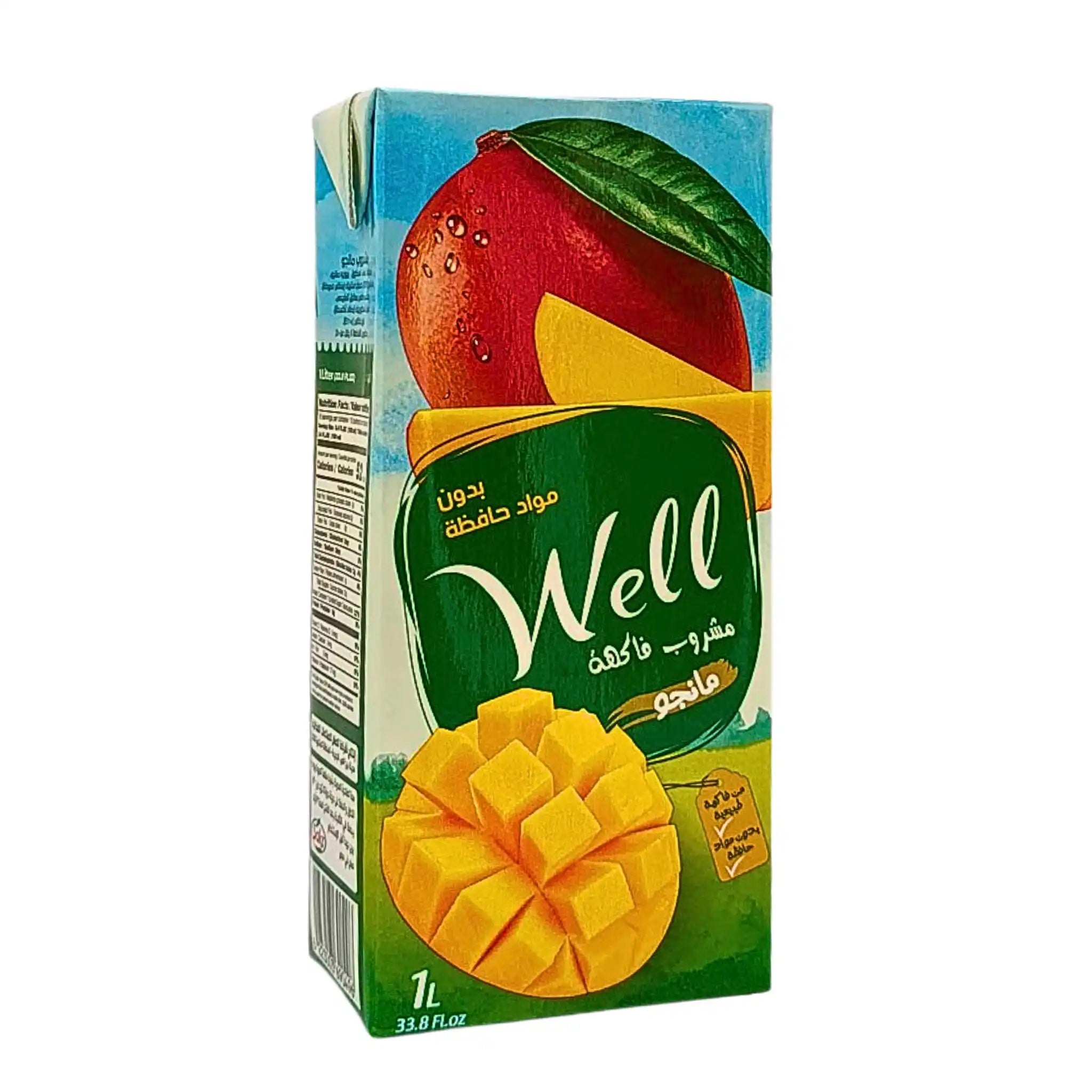 Well-mangomehu 1 litran pakkauksessa tuoreen mangon kuvauksella ja arabiankielisillä teksteillä