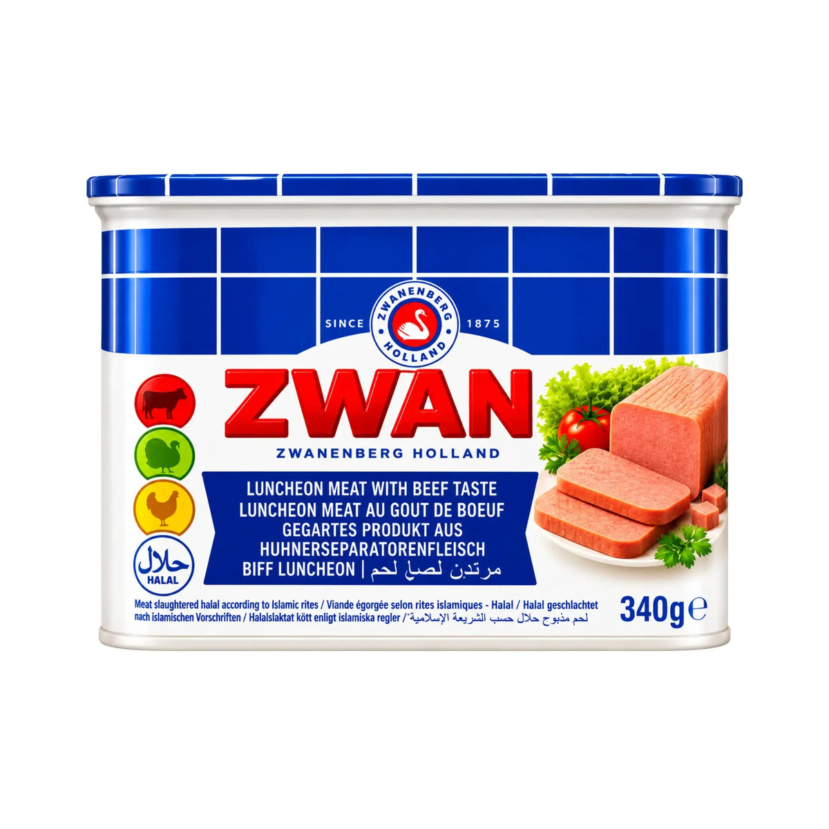 Mortadellakött i blåvit tubförpackning med Zwan-logga, 340 g.