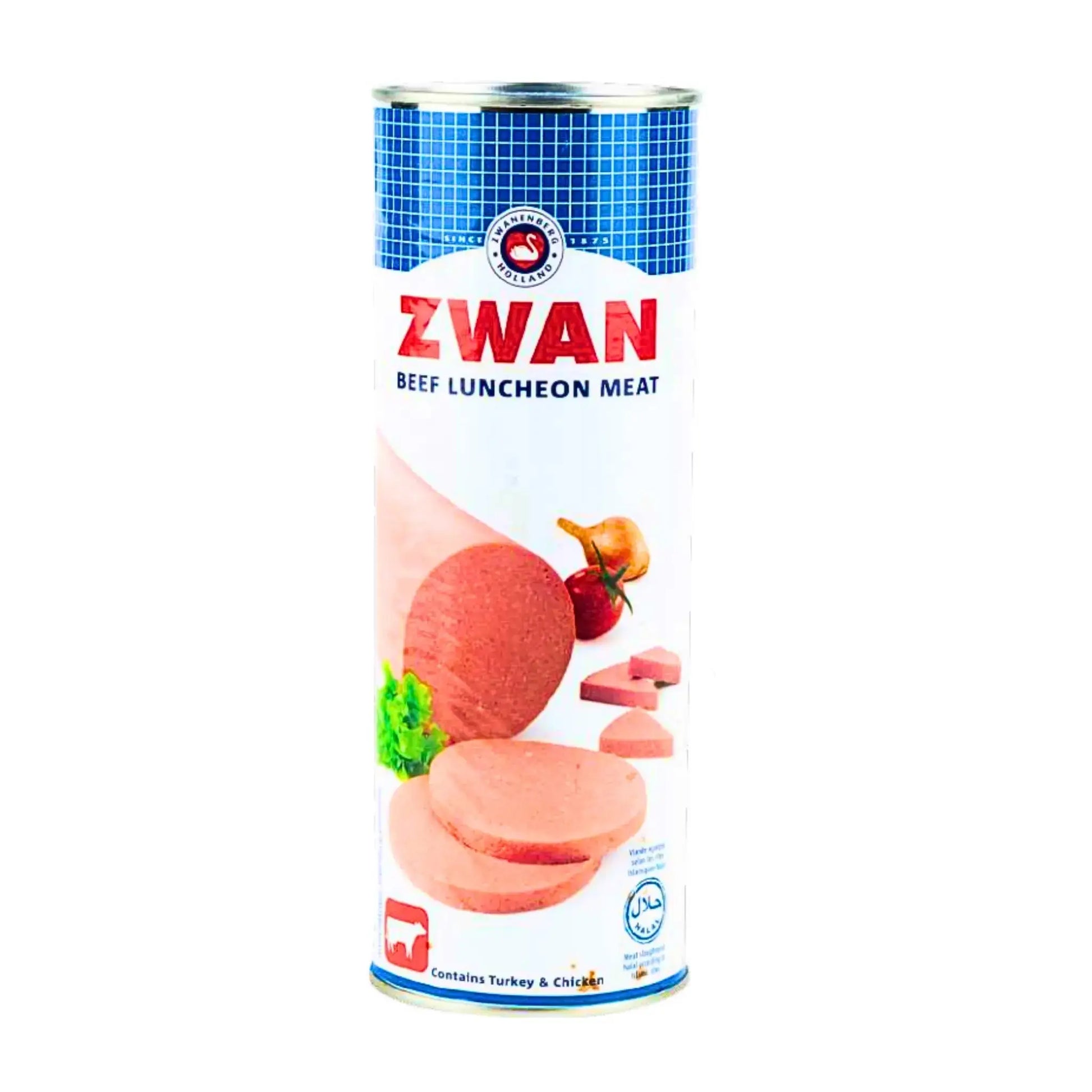 Zwan naudanlihamortadella 850 g säilykkeessä, halal, itäinen lihavalmiste, viipaloitu etiketissä
