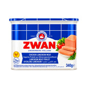 Zwan kycklingmortadella mild i blåvit förpackning, burk med etikett, 340 g