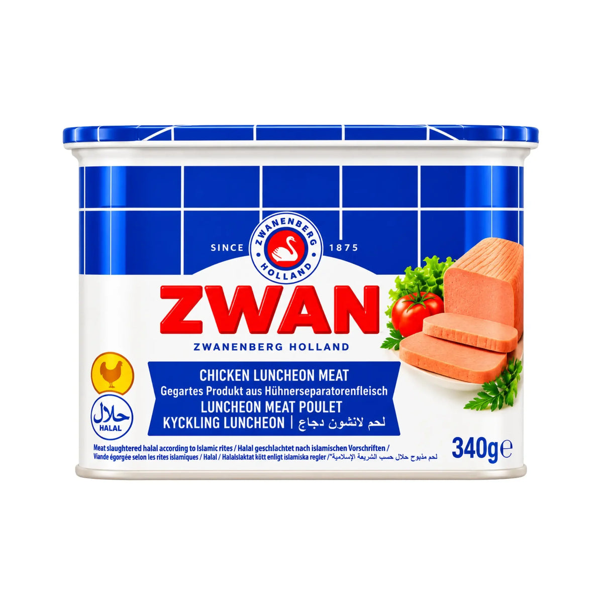 Zwan kycklingmortadella mild i blåvit förpackning, burk med etikett, 340 g