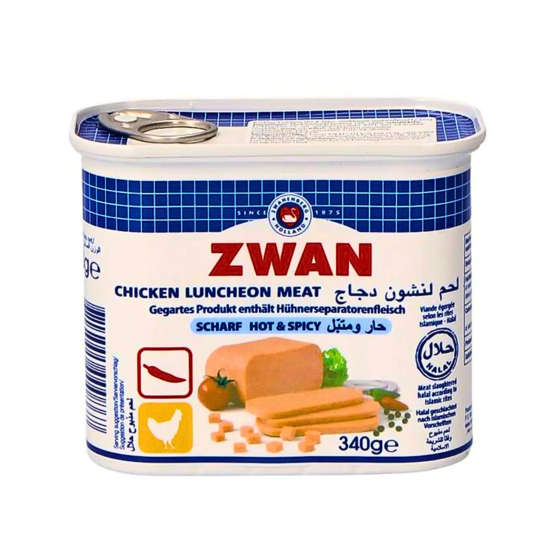 Zwan kananmortadella maustettu 340 g säilyke, halal, kuvassa makkaralevyjä ja mausteita