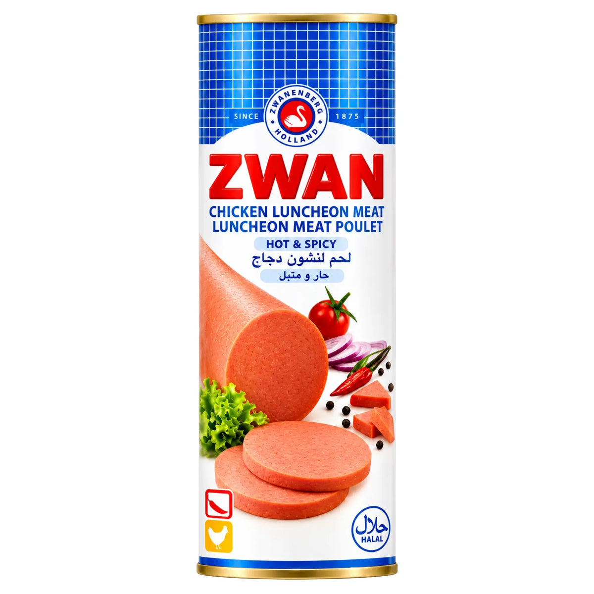 Zwan kycklingmortadella i tub, etikett med skivor och tomat- och lökinslag
