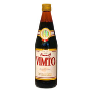Vimto-hedelmäsiirappi 710 ml, tumma lasipullo keltaisella korkilla ja etiketillä, itämainen elintarvike