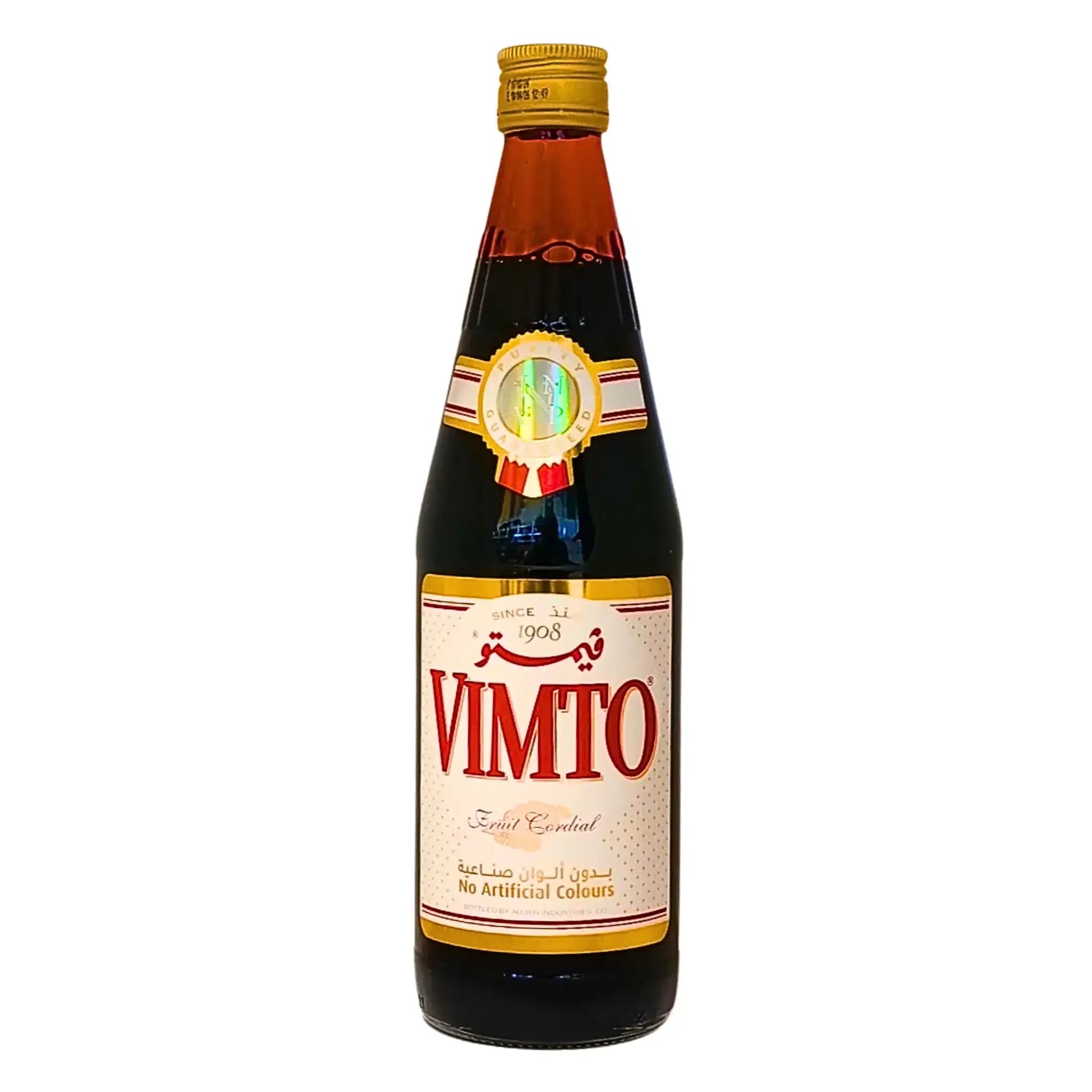 Vimto-hedelmäsiirappi 710 ml, tumma lasipullo keltaisella korkilla ja etiketillä, itämainen elintarvike