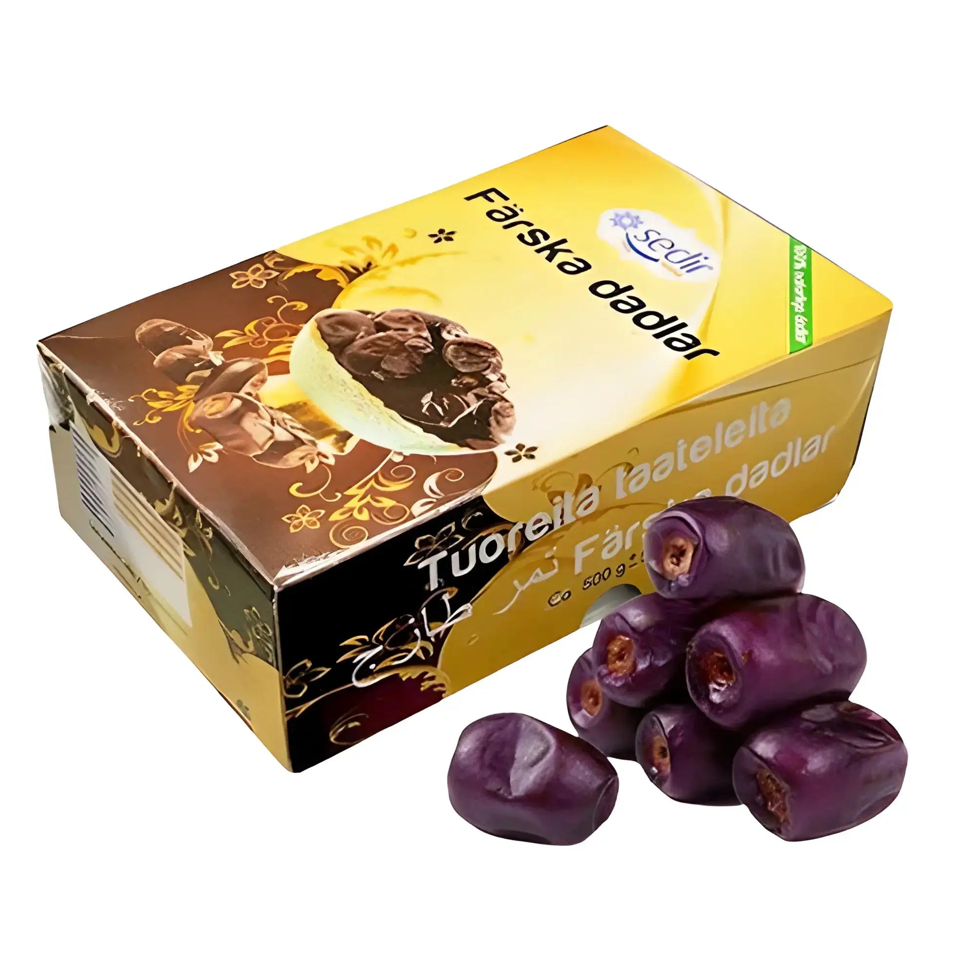 Tuoreet iranilaiset viikunat keltaisessa Sedir-pakkauksessa, useita kokonaisia viikunoita laatikon vieressä.