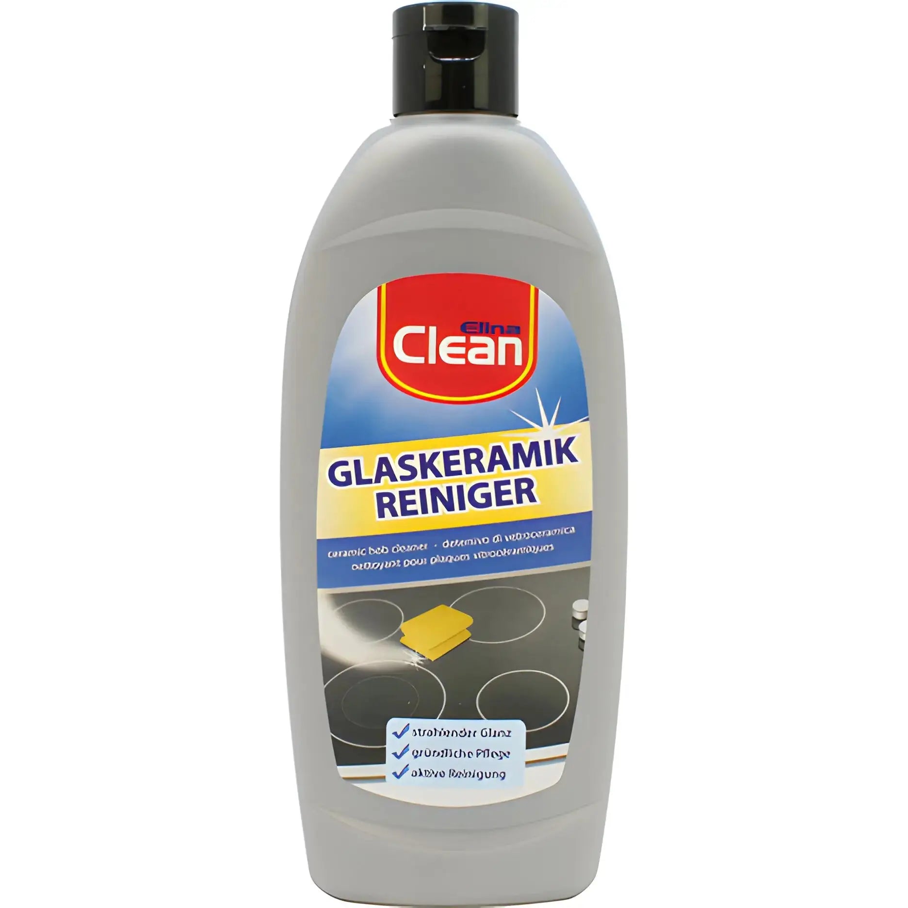 Pullot Elina Clean lasikeramiikan puhdistusaine uuninlevyille, musta korkki, sininen etiketti.