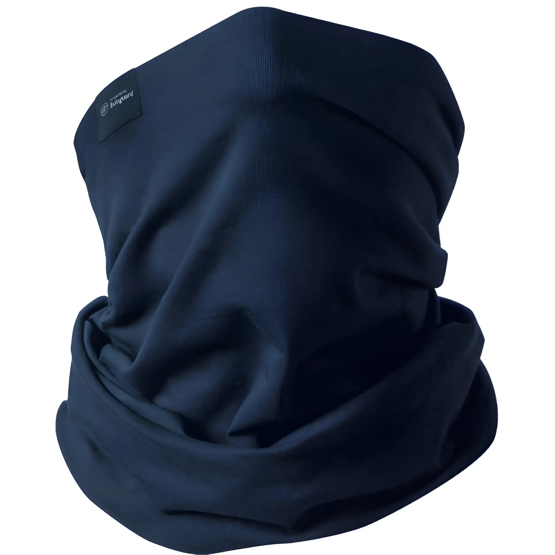 Tummanharmaa unisex-halvavaatteena käytettävä kaulaliina kankaasta, monikäyttöinen neck gaiter, valkoinen tausta.