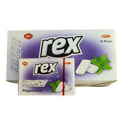 Rex FRESH purukumi piparmintulla, pakkaus ja rasia, valkoinen ja violetti design, kolikko