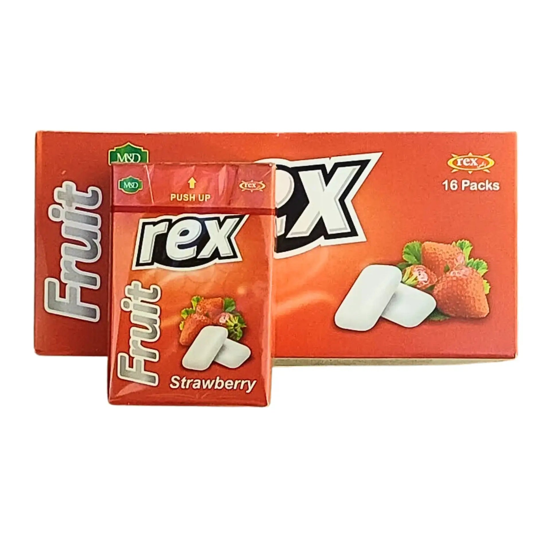 Rex purukumi mansikka, 16-pack, punainen pakkaus mansikoiden ja valkoisten purukumien kanssa.