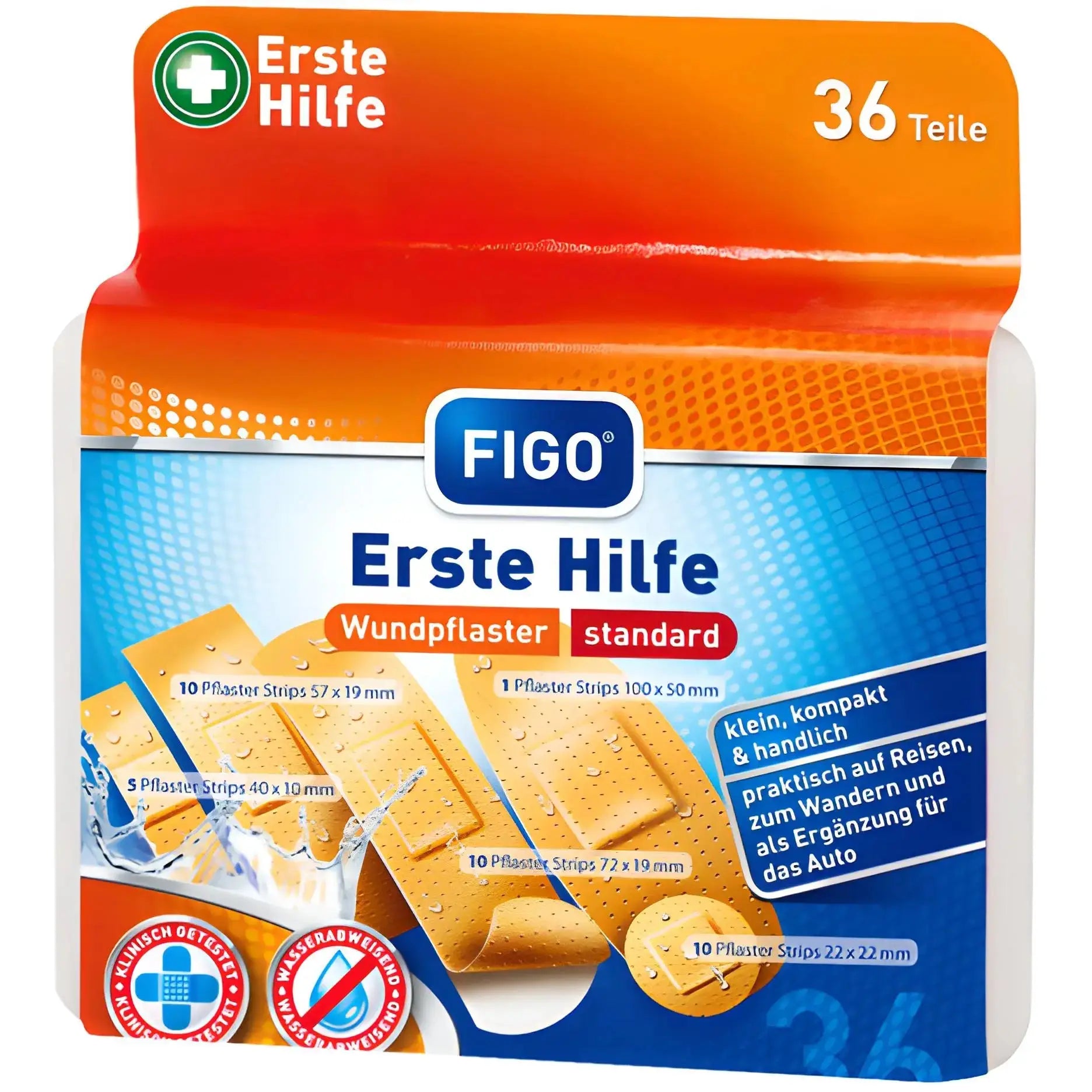 Figo Erste Hilfe ensiapupussi, 36 osaa, erilaisia siteitä haavojen hoitoon.
